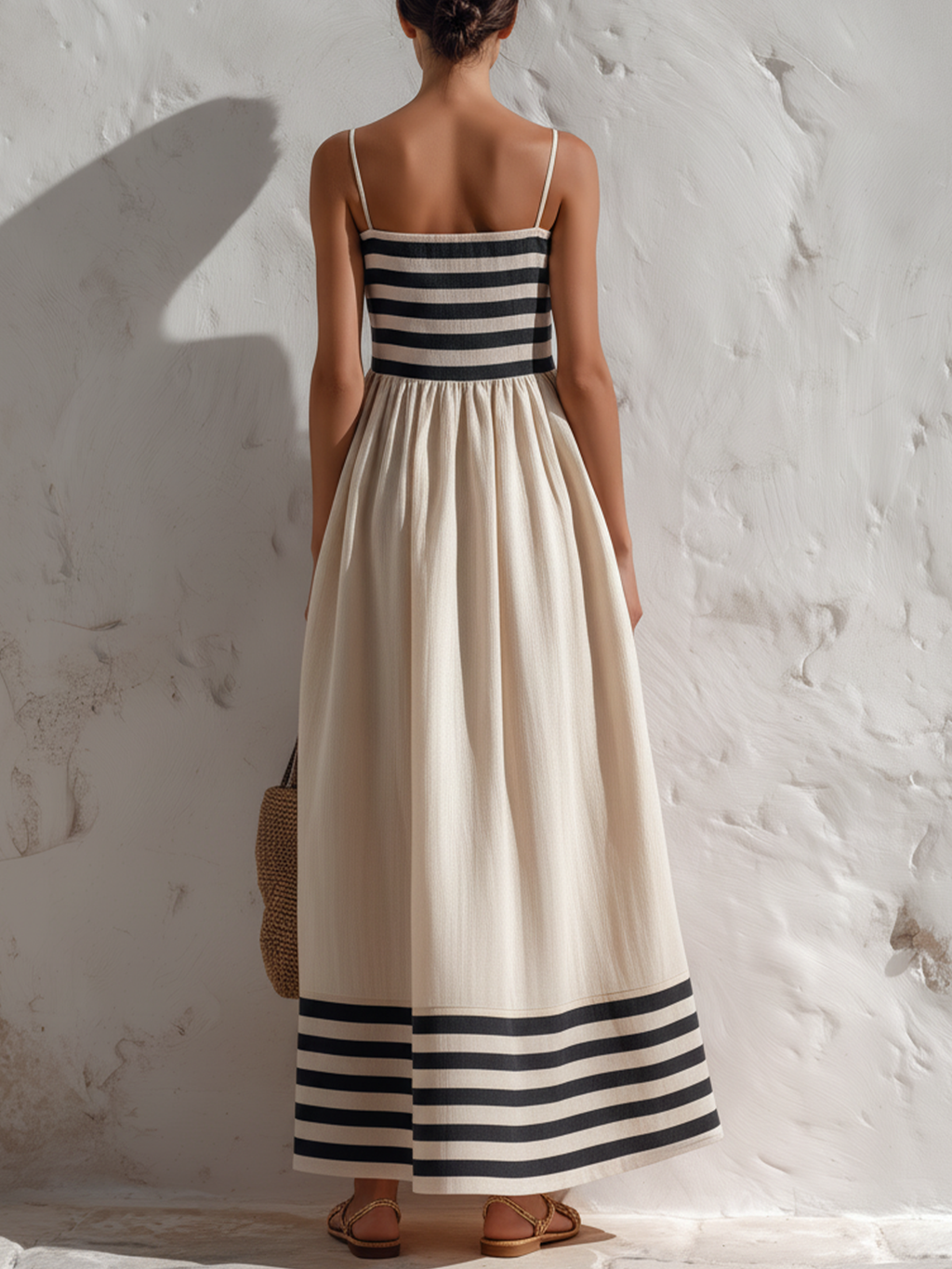 Ortensia | Vestito lungo a righe nere e beige con spalline sottili