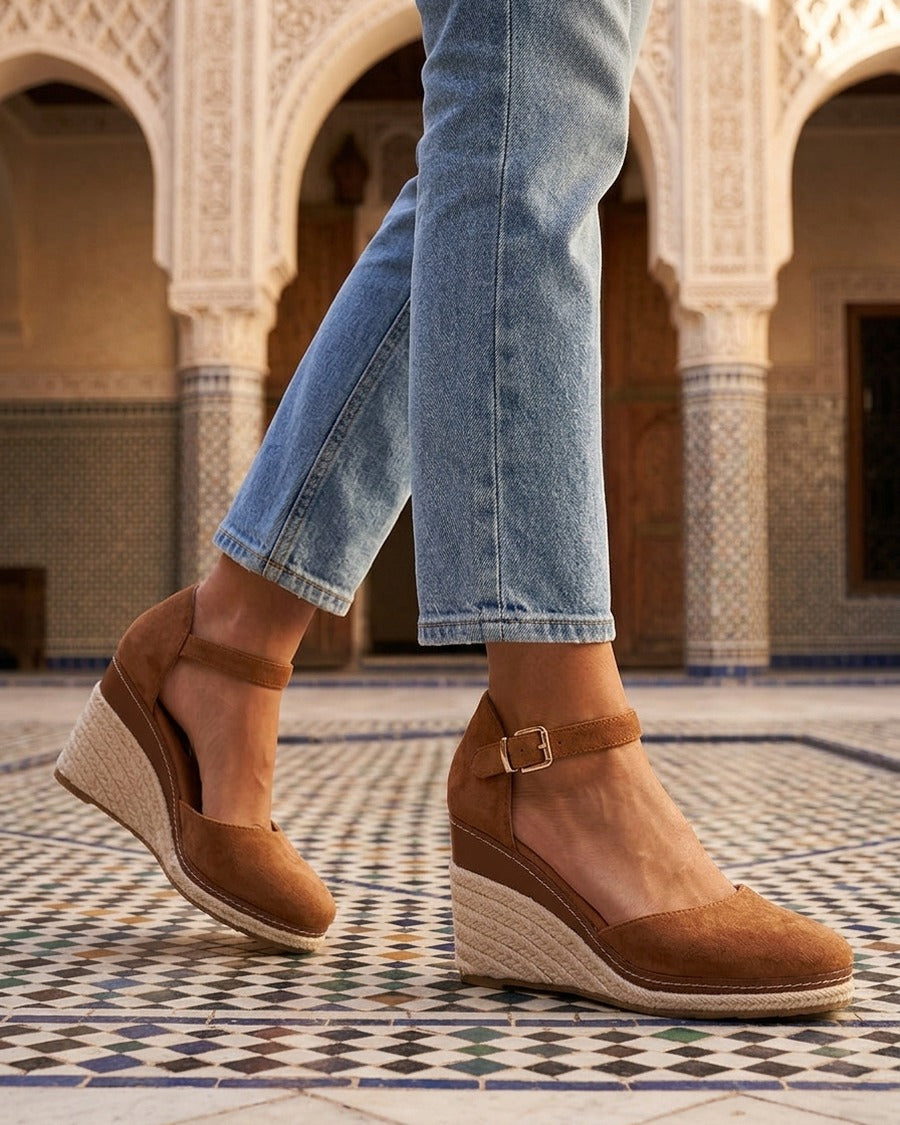 Espadrillas con zeppa in camoscio sintetico color cammello