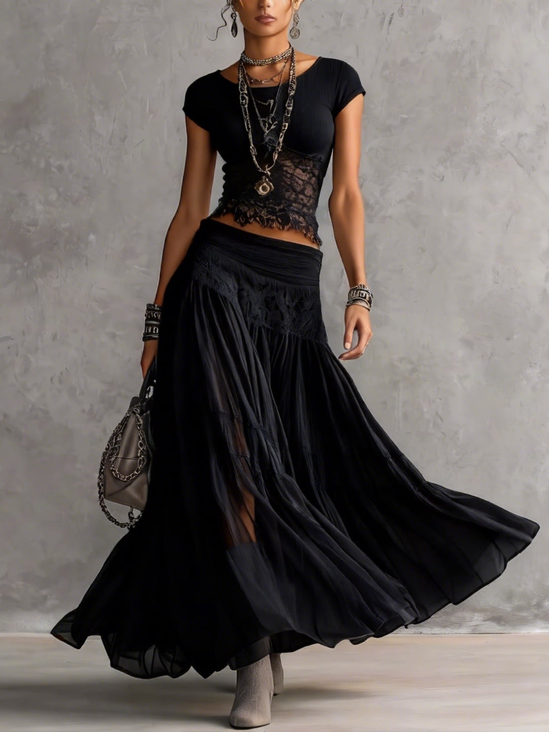 VANESSA | COMPLETO DARK BOHO CON CROP TOP E GONNA IN PIZZO