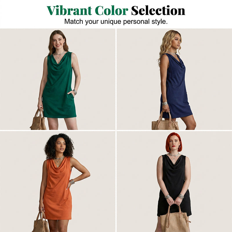 👗 50% DI SCONTO ORA! ⏰ Elegante Abito Slim Fit con Scollo a Cowl – Senza maniche, tasche laterali e versatile – Drappeggio valorizzante, perfetto per il lavoro o le serate – Comodo e chic ✨🌸